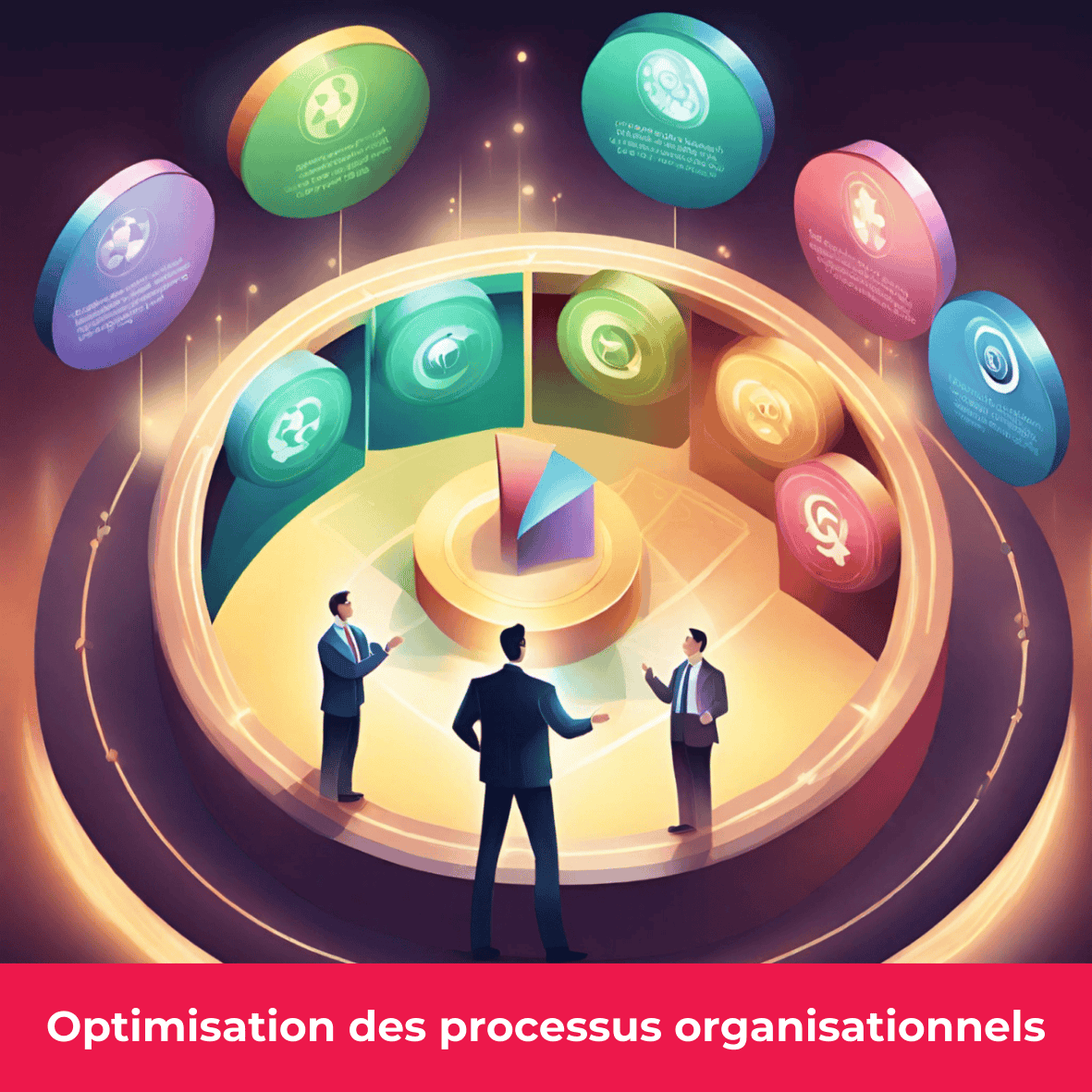 Vue aérienne de trois individus portant des complets trois pièces, en pleine discussion devant une projection de cinq cercles de couleurs mauve, vert, aqua, rose et bleu, symbolisant la méthodologie DMAIC.